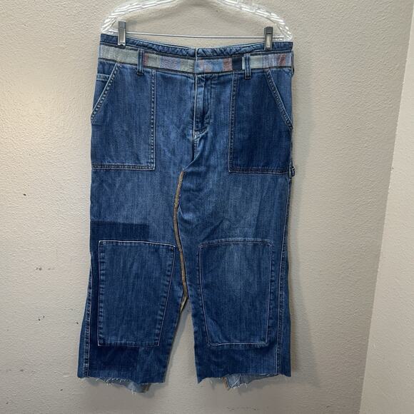 Upcycled Anthropologie Pilcro Denim Midi Slit Skirt Patchwork Distressed SZ 31 - Picture 1 of 7